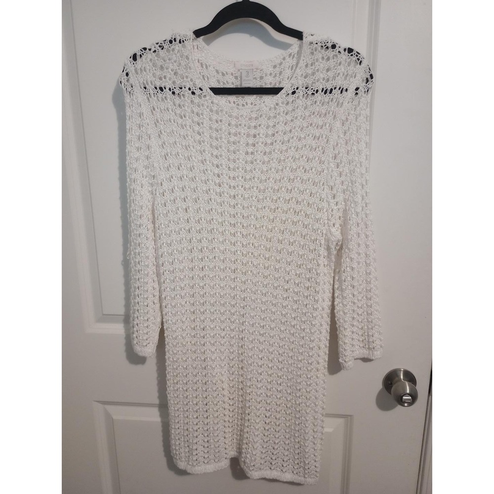 Chico’s Size 3 XL 16-18 White Open Crochet Knit Tunic Sweater Top 32"